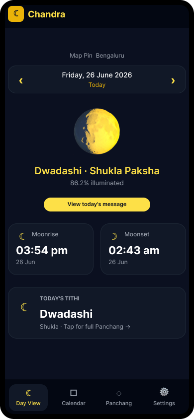 Day View screen with moon phase and today's highlight.