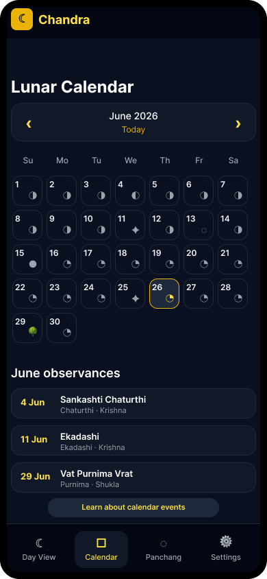 Lunar Calendar screen showing May 2026 events.