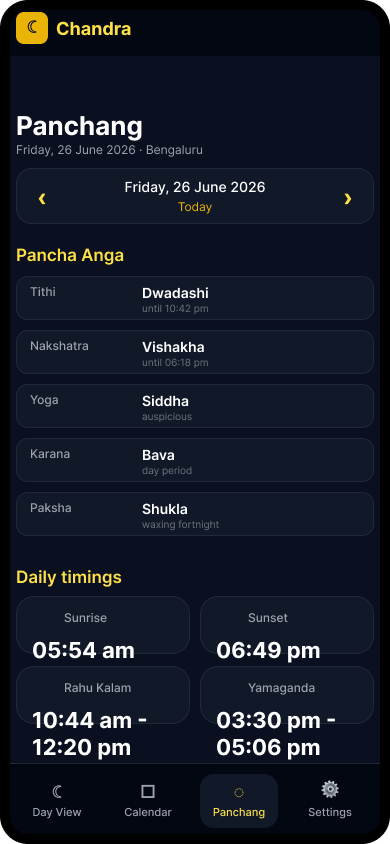 Panchang screen with Pancha Anga and daily timings.