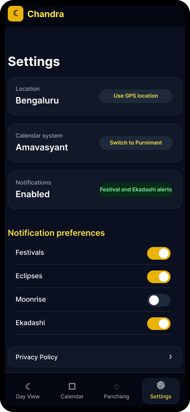 Settings screen with GPS city and push notification preferences.