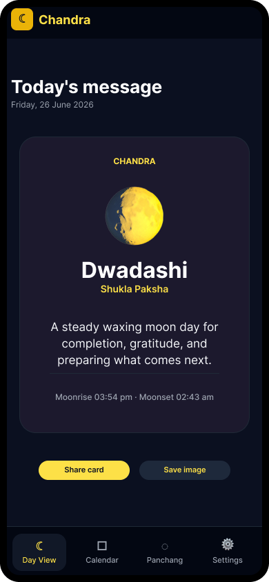 Today's message screen with a shareable Chandra card.